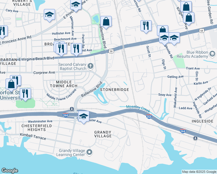 map of restaurants, bars, coffee shops, grocery stores, and more near 900 Granite Arch in Norfolk