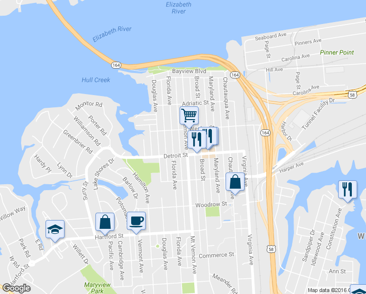 map of restaurants, bars, coffee shops, grocery stores, and more near 342 Mt Vernon Ave in Portsmouth