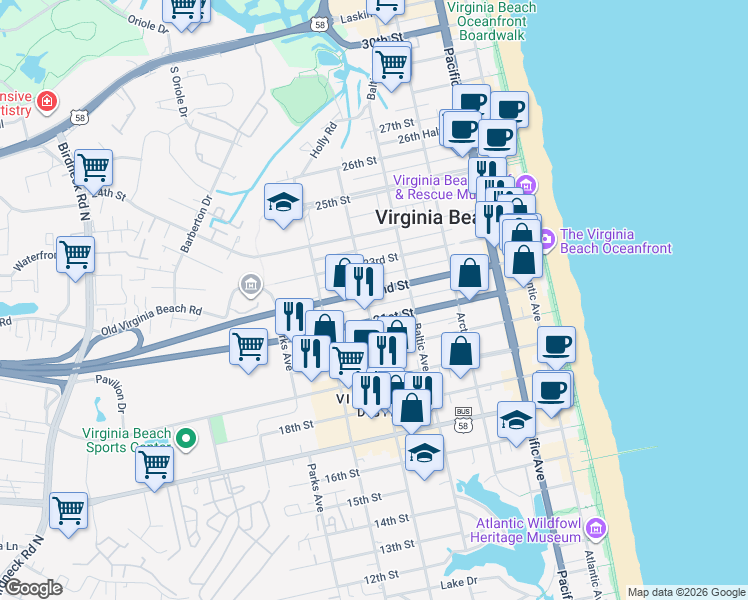 map of restaurants, bars, coffee shops, grocery stores, and more near 548 22nd Street in Virginia Beach