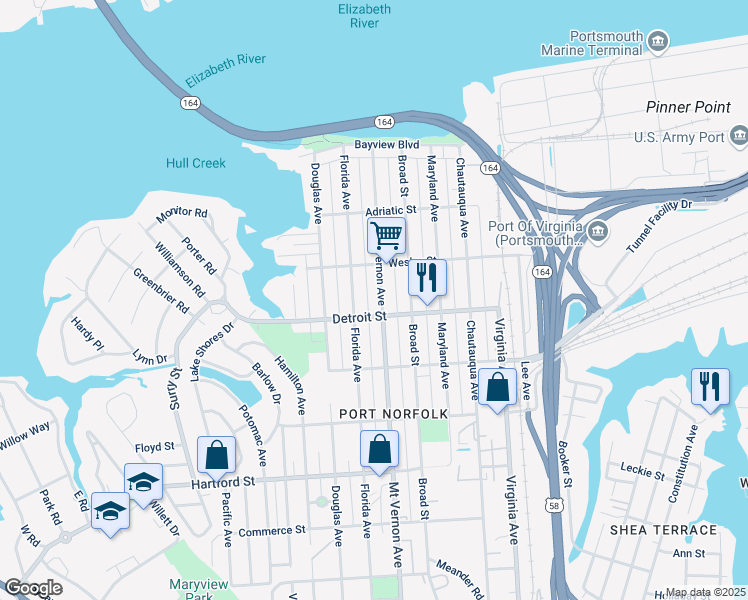 map of restaurants, bars, coffee shops, grocery stores, and more near 342 Mt Vernon Ave in Portsmouth