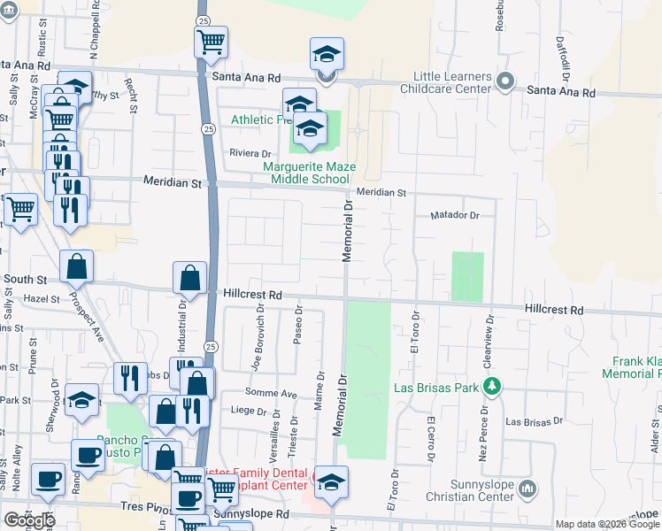 map of restaurants, bars, coffee shops, grocery stores, and more near 971 Cherry Street in Hollister
