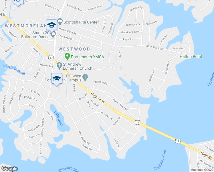 map of restaurants, bars, coffee shops, grocery stores, and more near 4605 Winston Road in Portsmouth