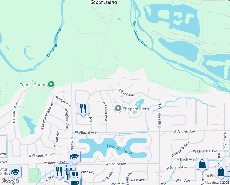 map of restaurants, bars, coffee shops, grocery stores, and more near 2555 West Bluff Avenue in Fresno