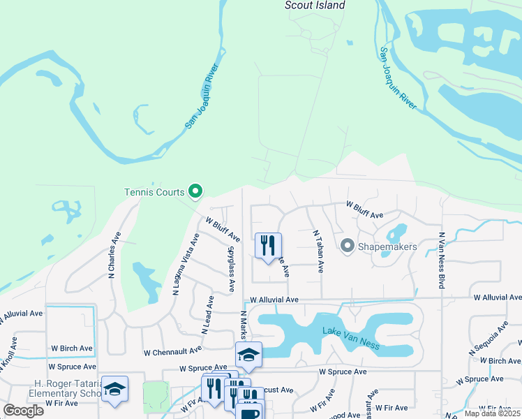 map of restaurants, bars, coffee shops, grocery stores, and more near 2918 West Fallbrook Avenue in Fresno
