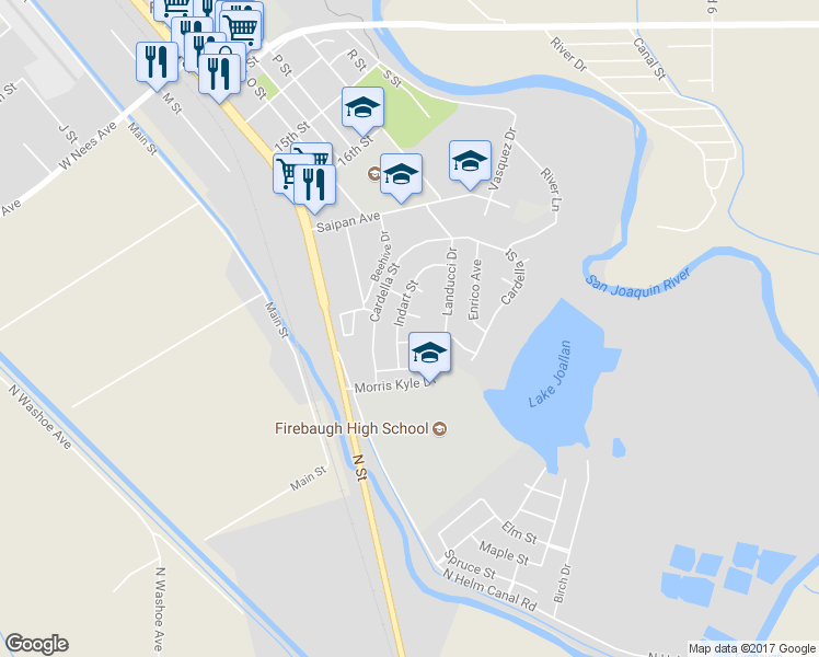 map of restaurants, bars, coffee shops, grocery stores, and more near 1410 Grayson Circle in Firebaugh