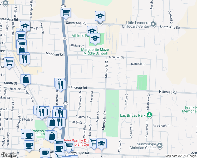 map of restaurants, bars, coffee shops, grocery stores, and more near 971 Cherry Street in Hollister