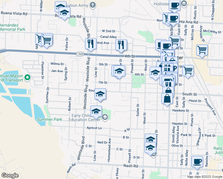 map of restaurants, bars, coffee shops, grocery stores, and more near 750 South Street in Hollister