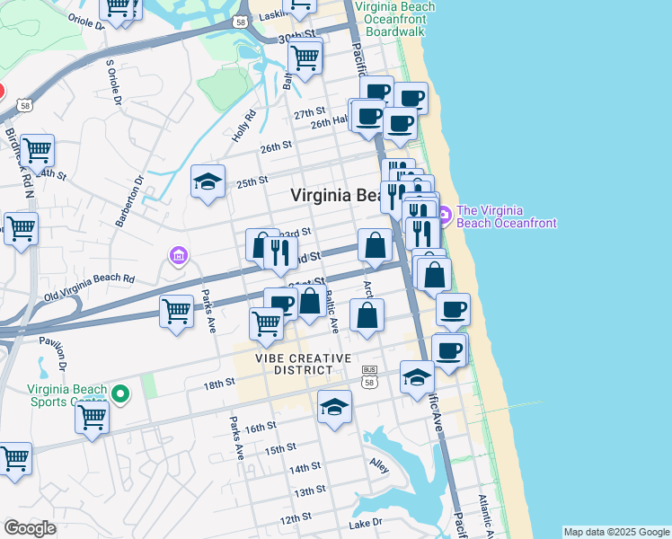 map of restaurants, bars, coffee shops, grocery stores, and more near 417 21 1/2 Street in Virginia Beach