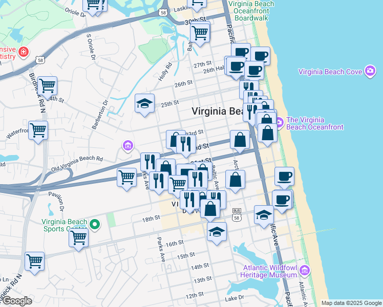 map of restaurants, bars, coffee shops, grocery stores, and more near 548 22nd Street in Virginia Beach