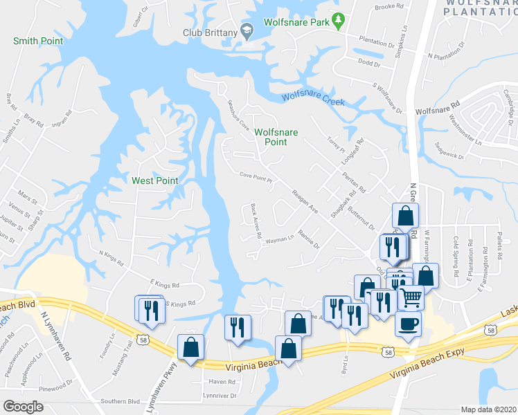 map of restaurants, bars, coffee shops, grocery stores, and more near 400 Falling Lane in Virginia Beach