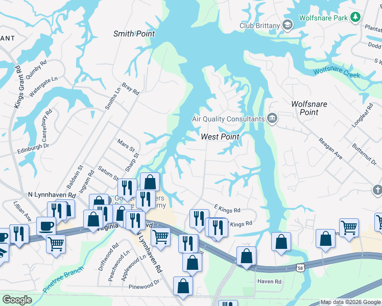 map of restaurants, bars, coffee shops, grocery stores, and more near 2809 Pine Ridge Lane in Virginia Beach