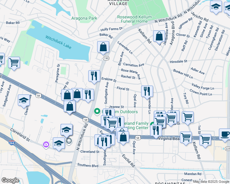 map of restaurants, bars, coffee shops, grocery stores, and more near 433 Dorset Avenue in Virginia Beach