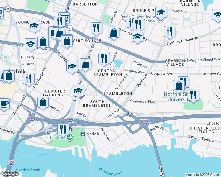 map of restaurants, bars, coffee shops, grocery stores, and more near 734 Maltby Avenue in Norfolk