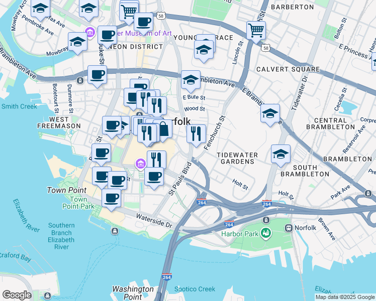 map of restaurants, bars, coffee shops, grocery stores, and more near in Norfolk