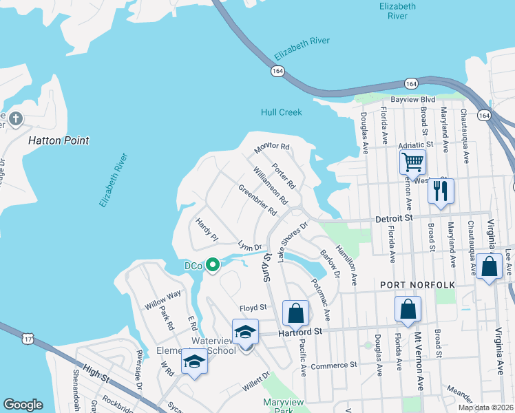 map of restaurants, bars, coffee shops, grocery stores, and more near 17 Greenbrier Road in Portsmouth