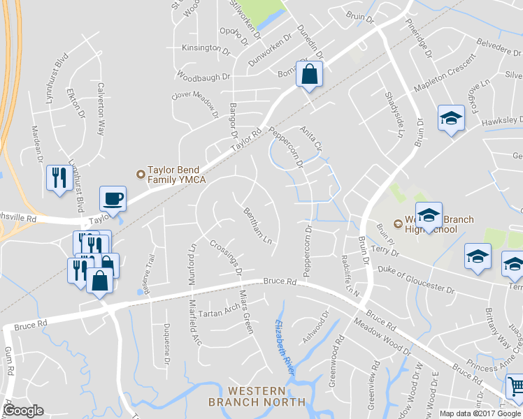map of restaurants, bars, coffee shops, grocery stores, and more near 4109 Bayford Court in Chesapeake