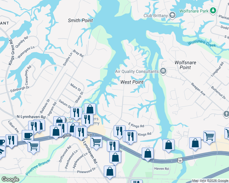 map of restaurants, bars, coffee shops, grocery stores, and more near 2809 Pine Ridge Lane in Virginia Beach