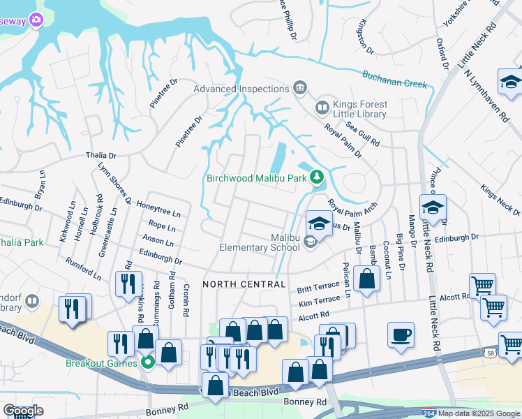 map of restaurants, bars, coffee shops, grocery stores, and more near 3741 Virginius Drive in Virginia Beach