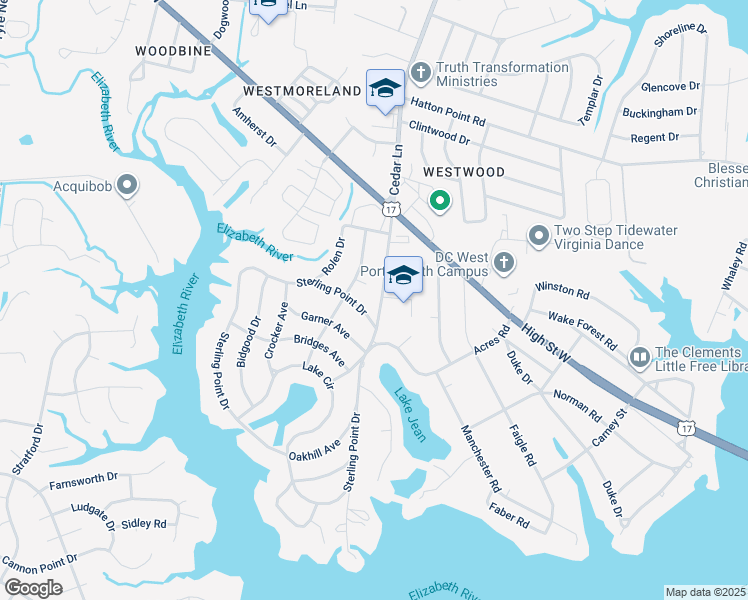 map of restaurants, bars, coffee shops, grocery stores, and more near 3101 Sterling Point Drive in Portsmouth