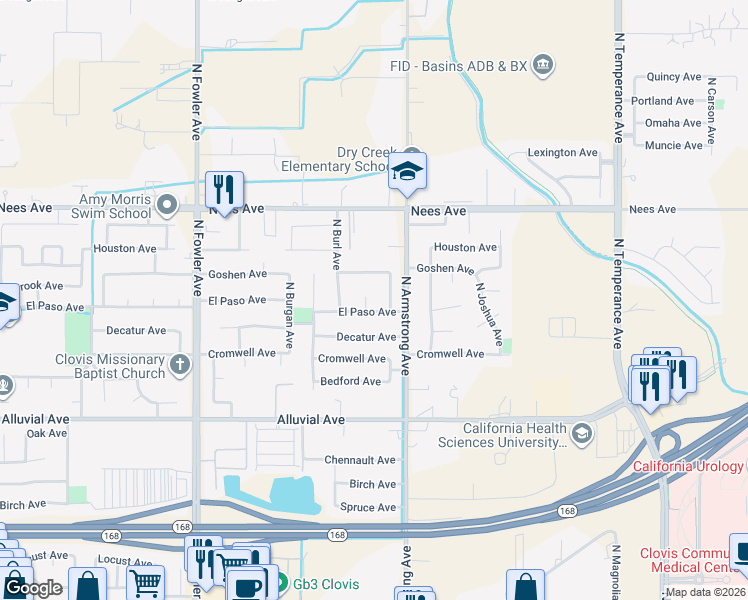 map of restaurants, bars, coffee shops, grocery stores, and more near 1026 North Douglas Avenue in Clovis
