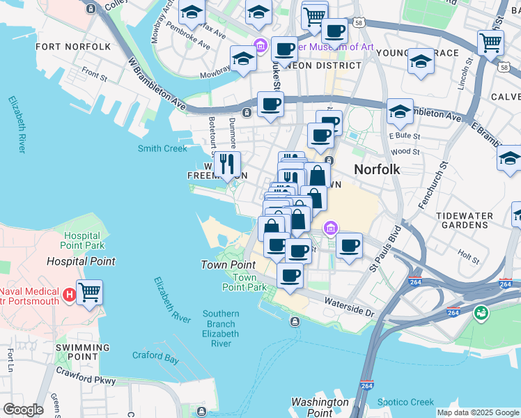 map of restaurants, bars, coffee shops, grocery stores, and more near 215 Brooke Avenue in Norfolk