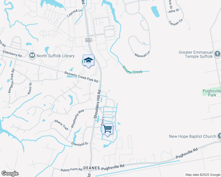 map of restaurants, bars, coffee shops, grocery stores, and more near 7009 Darby Court in Suffolk