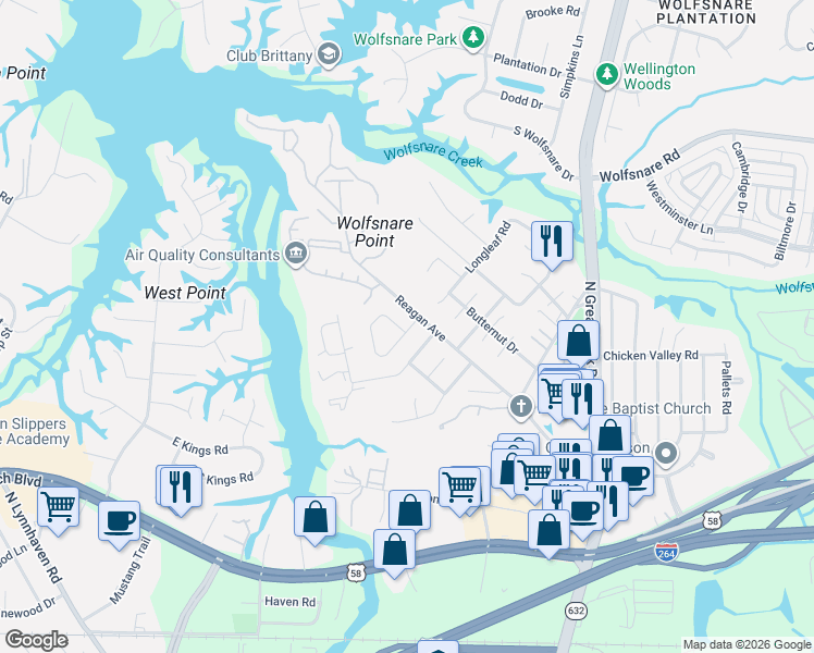 map of restaurants, bars, coffee shops, grocery stores, and more near 312 Falling Lane in Virginia Beach