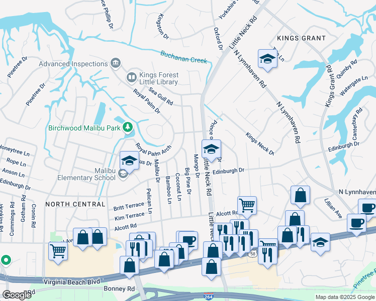 map of restaurants, bars, coffee shops, grocery stores, and more near 528 Big Pine Drive in Virginia Beach