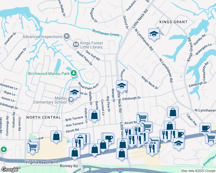 map of restaurants, bars, coffee shops, grocery stores, and more near 528 Big Pine Drive in Virginia Beach