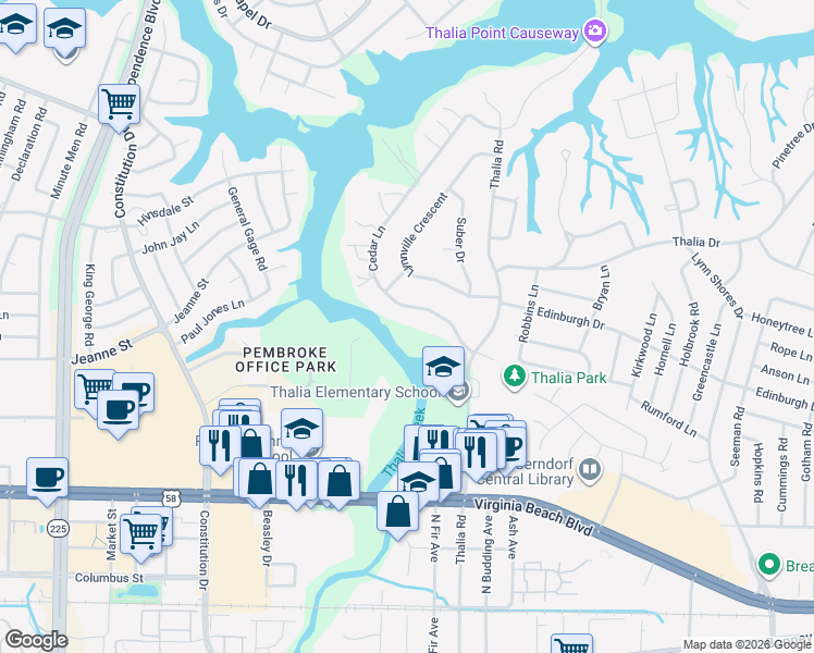 map of restaurants, bars, coffee shops, grocery stores, and more near 425 Cedar Lane in Virginia Beach