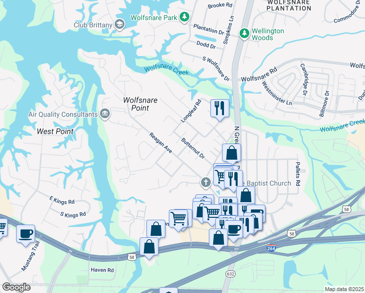 map of restaurants, bars, coffee shops, grocery stores, and more near 407 Shagbark Rd in Virginia Beach