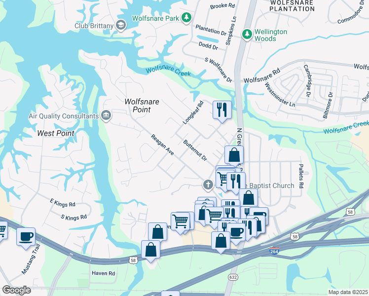 map of restaurants, bars, coffee shops, grocery stores, and more near 407 Shagbark Rd in Virginia Beach