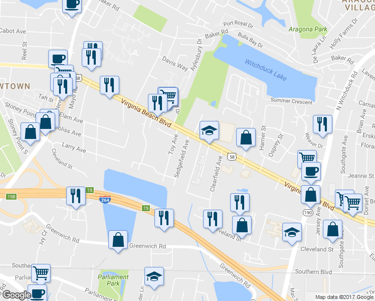 map of restaurants, bars, coffee shops, grocery stores, and more near 282 Sedgefield Avenue in Virginia Beach