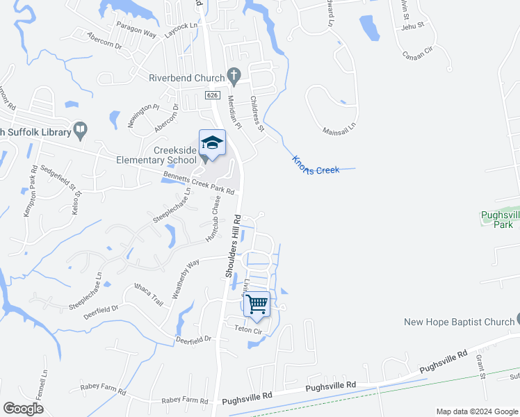 map of restaurants, bars, coffee shops, grocery stores, and more near 7003 Darby Court in Suffolk