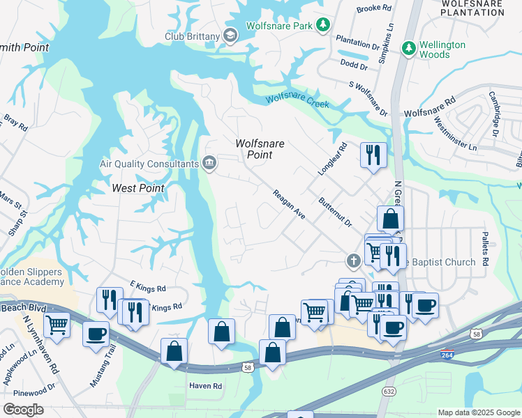map of restaurants, bars, coffee shops, grocery stores, and more near 401 Falling Lane in Virginia Beach