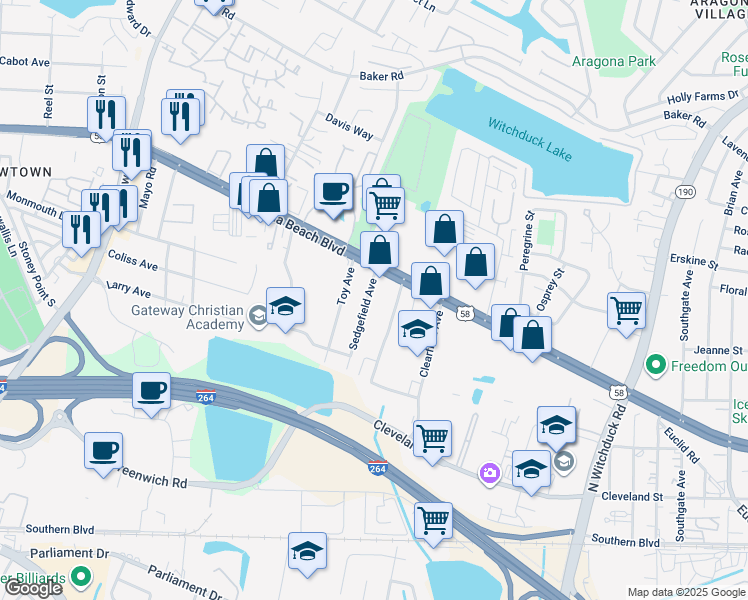 map of restaurants, bars, coffee shops, grocery stores, and more near 282 Sedgefield Avenue in Virginia Beach