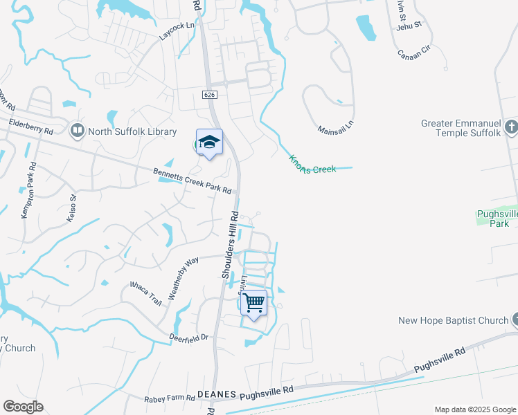 map of restaurants, bars, coffee shops, grocery stores, and more near 7009 Darby Court in Suffolk