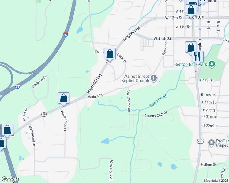 map of restaurants, bars, coffee shops, grocery stores, and more near 1701-1777 Walnut Street in Benton
