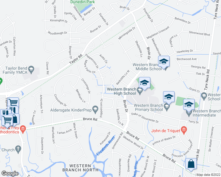 map of restaurants, bars, coffee shops, grocery stores, and more near 3522 Sugar Run in Chesapeake