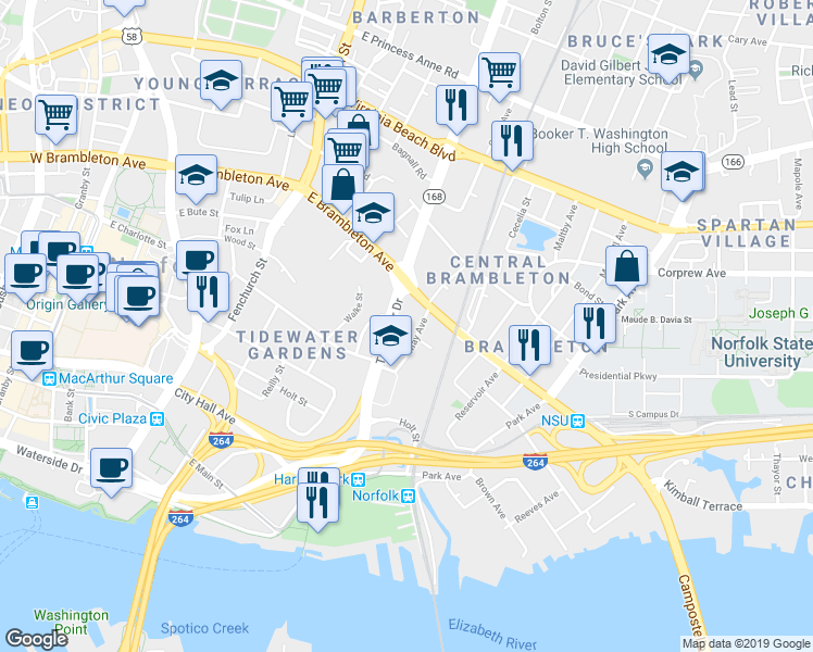 map of restaurants, bars, coffee shops, grocery stores, and more near 630 Tidewater Drive in Norfolk