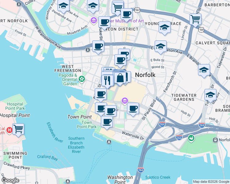 map of restaurants, bars, coffee shops, grocery stores, and more near Monticello Ave & E Tazewell St in Norfolk