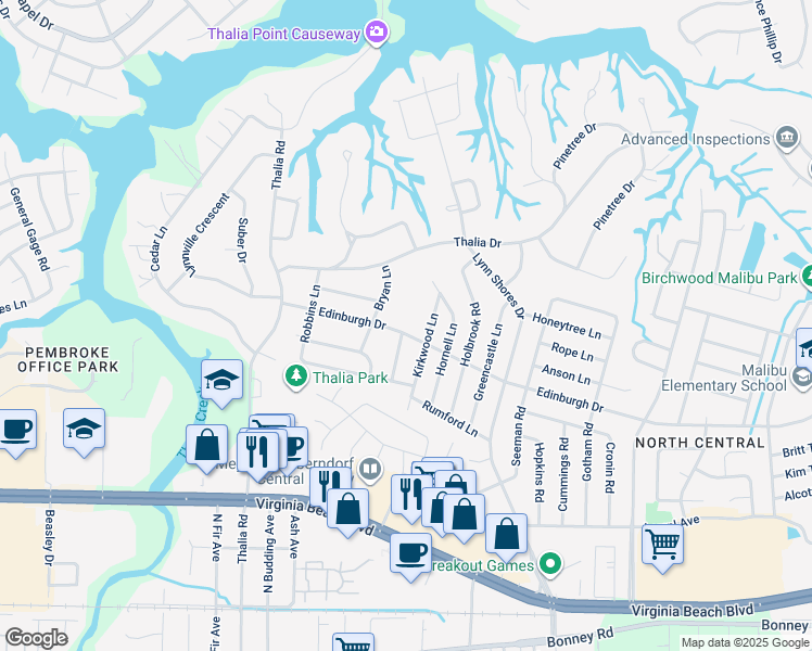 map of restaurants, bars, coffee shops, grocery stores, and more near 4108 Edinburgh Drive in Virginia Beach