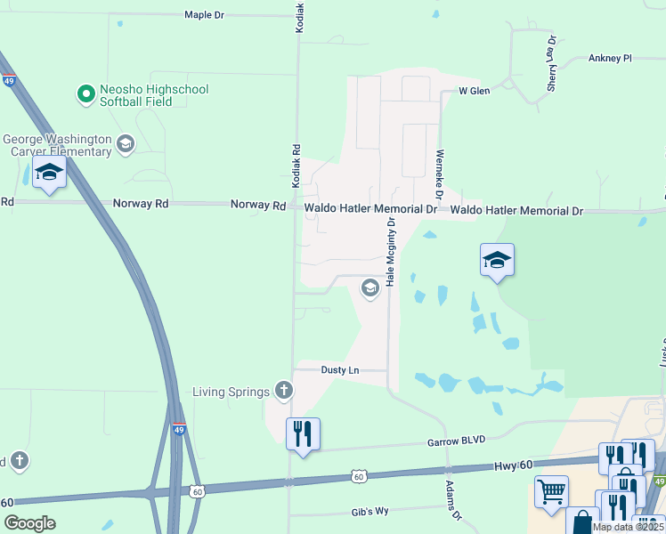 map of restaurants, bars, coffee shops, grocery stores, and more near 3046 Fairway Circle in Neosho