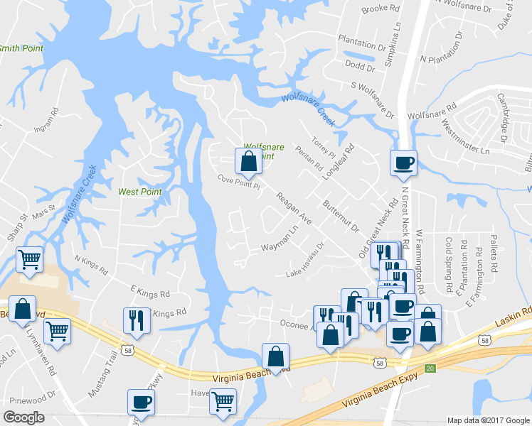 map of restaurants, bars, coffee shops, grocery stores, and more near 401 Falling Lane in Virginia Beach