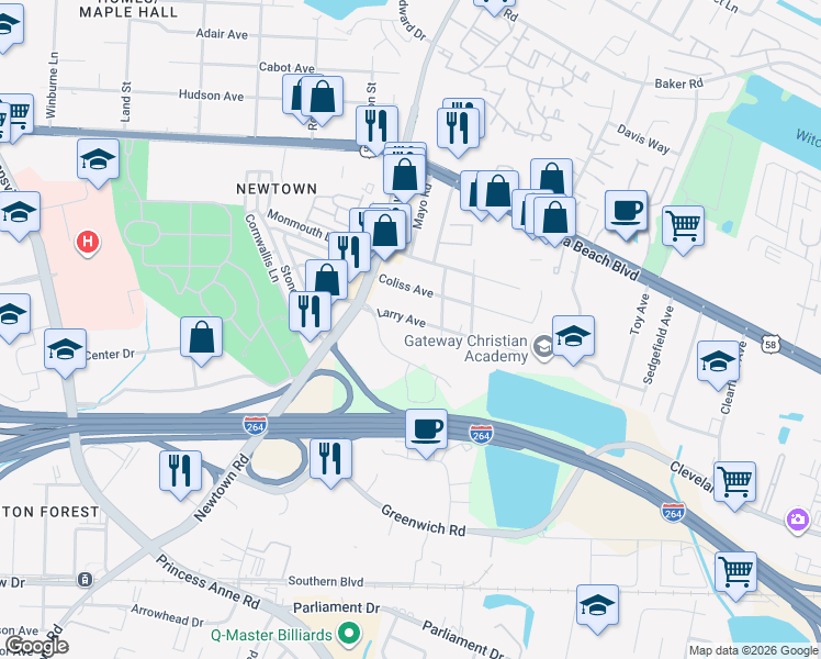 map of restaurants, bars, coffee shops, grocery stores, and more near 5613 Larry Avenue in Virginia Beach