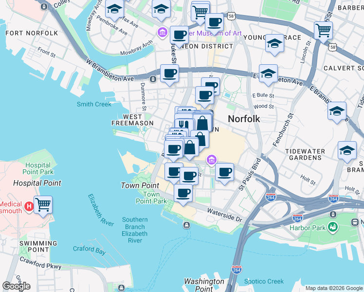 map of restaurants, bars, coffee shops, grocery stores, and more near in Norfolk