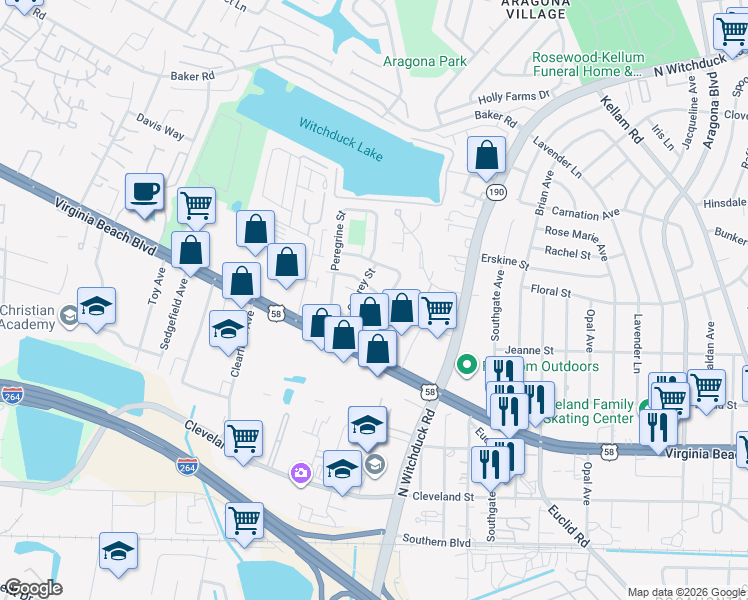 map of restaurants, bars, coffee shops, grocery stores, and more near 5215 Richard Road in Virginia Beach