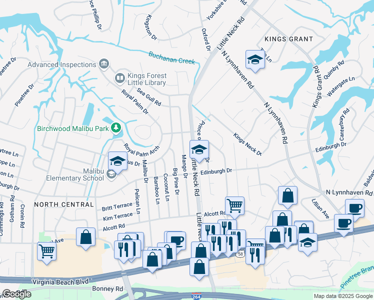 map of restaurants, bars, coffee shops, grocery stores, and more near 528 Mango Drive in Virginia Beach