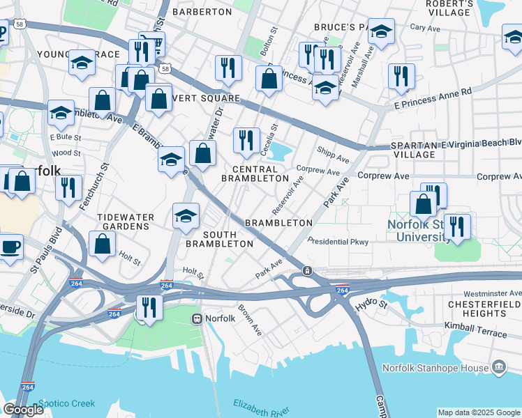 map of restaurants, bars, coffee shops, grocery stores, and more near 726 Maltby Avenue in Norfolk