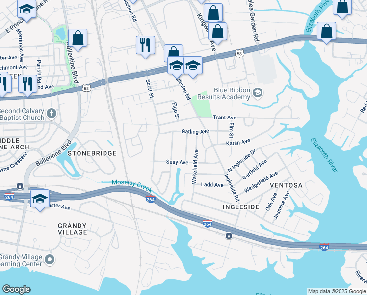 map of restaurants, bars, coffee shops, grocery stores, and more near 921 Dogwood Terrace in Norfolk